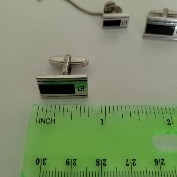 Louis Feraud LF Tie Pin Clip Cufflinks Set Silver Black Tone Designer Rectangle - Picture 5 of 8